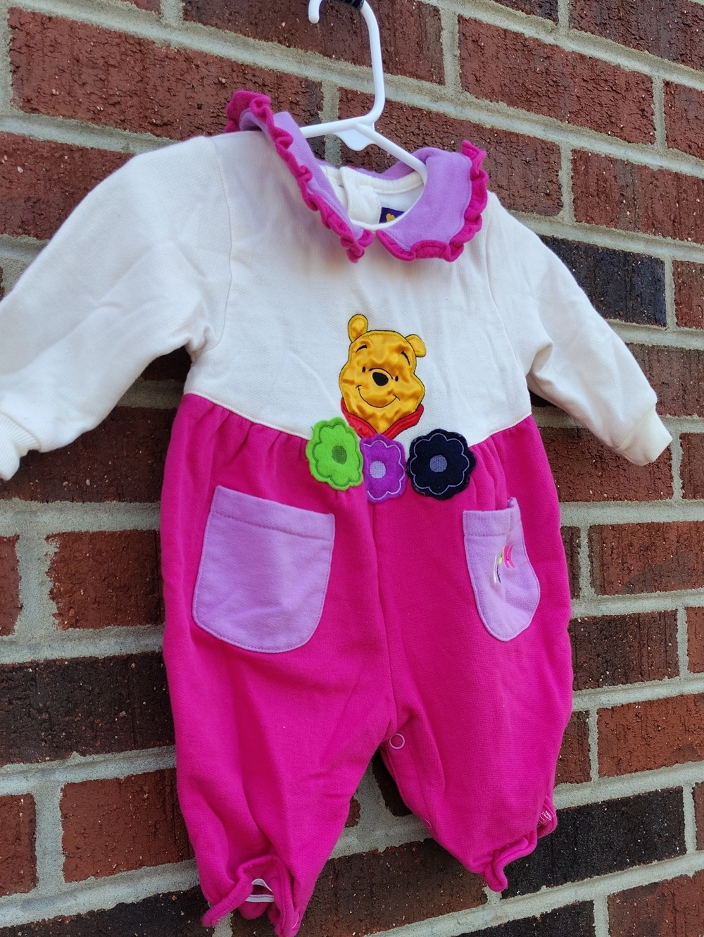 Vintage Winnie the Pooh Pink & Cream Baby Romper 3-6 Month Flowers